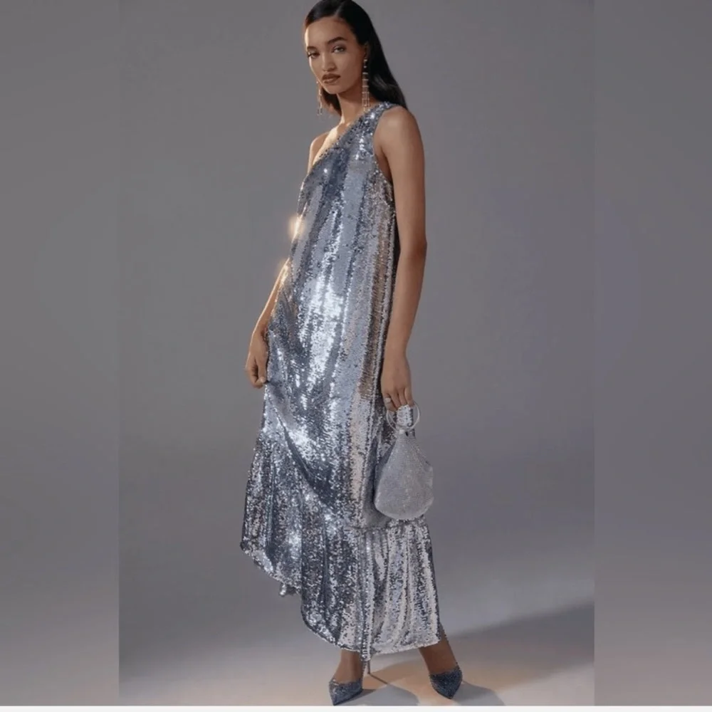 Anthropologie Silver Sequin One-Shoulder Midi Dress - Picture 2 of 8